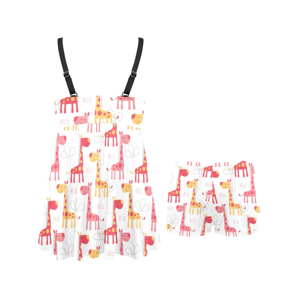 Giraffe Pattern Print Design 03 Chest Sexy Pleated Two Piece Swim Dress