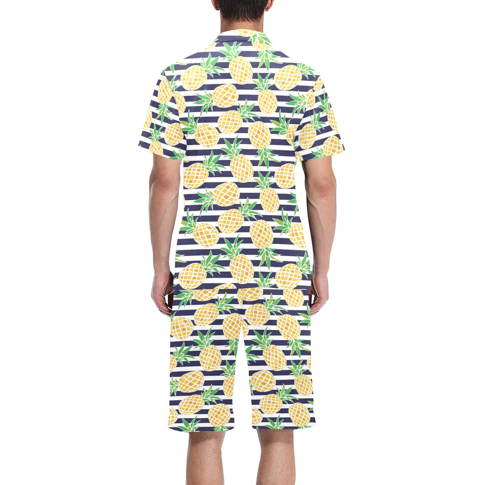 Pineapples pattern striped background Men's V-Neck Short Pajama Set
