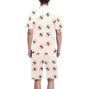 Cute bee flower pattern pink background Men's V-Neck Short Pajama Set