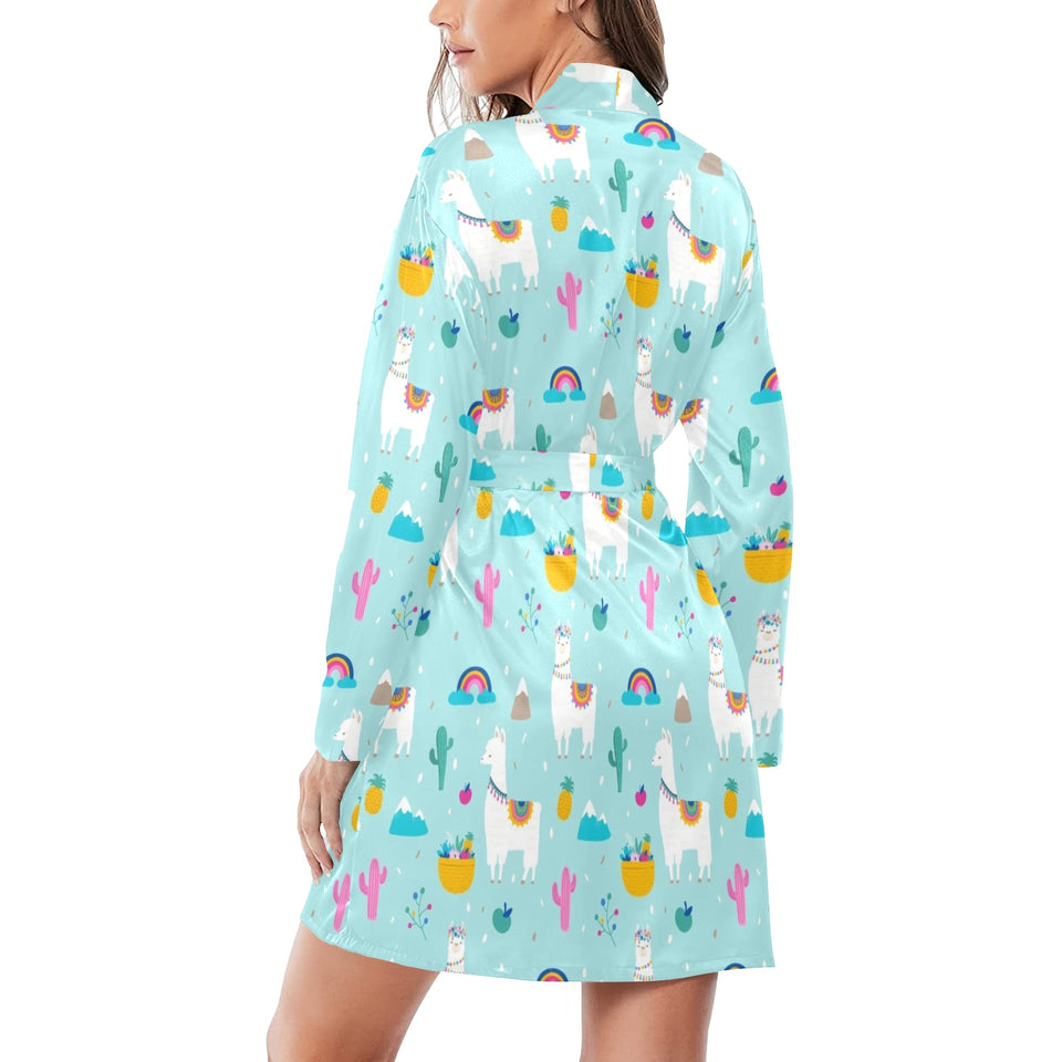 Llama alpaca cactus leaves pattern Women's Long Sleeve Belted Night Robe