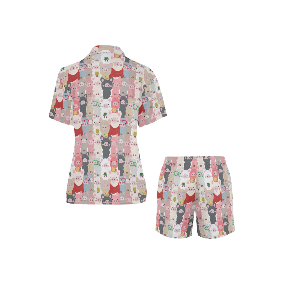 Pig Pattern Print Design 02 Women's V-Neck Short Pajama Set