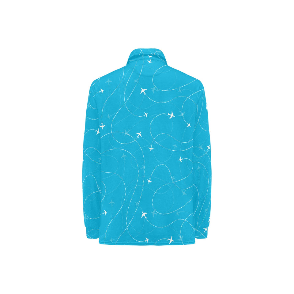 Airplane destinations blue background Women's Long Sleeve Polo Shirt