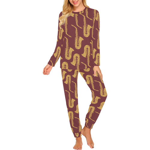 Hand drawn gold saxophone red background Women's All Over Print Pajama Set