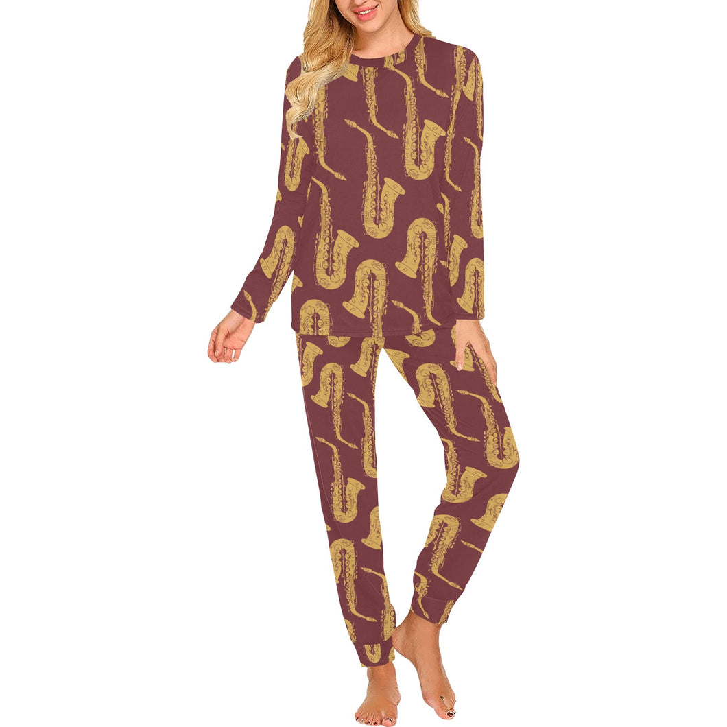Hand drawn gold saxophone red background Women's All Over Print Pajama Set