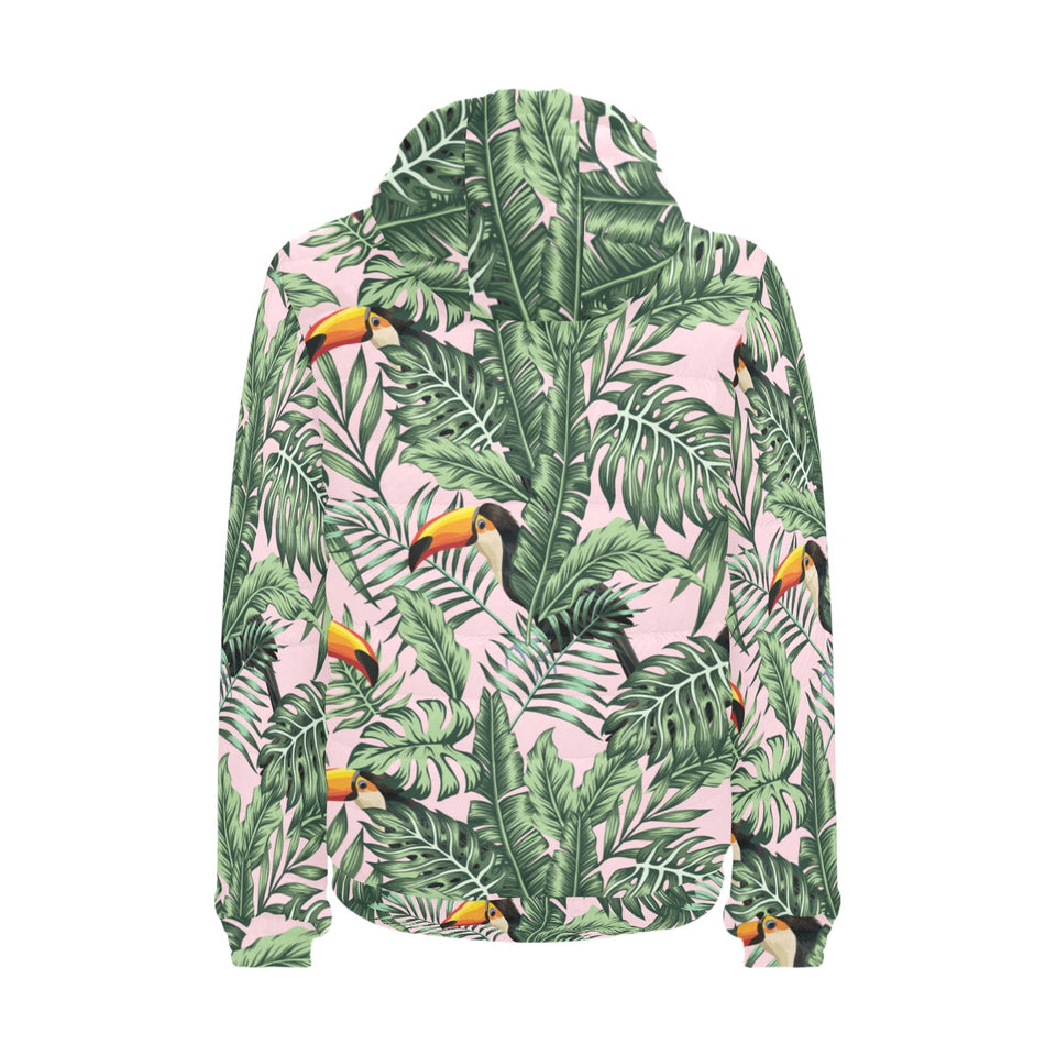Toucan tropical green jungle palm pattern Men's Padded Hooded Jacket