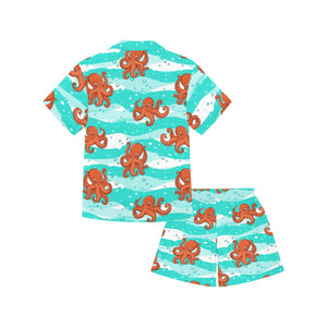 Octopuses sea wave background Kids' Boys' Girls' V-Neck Short Pajama Set