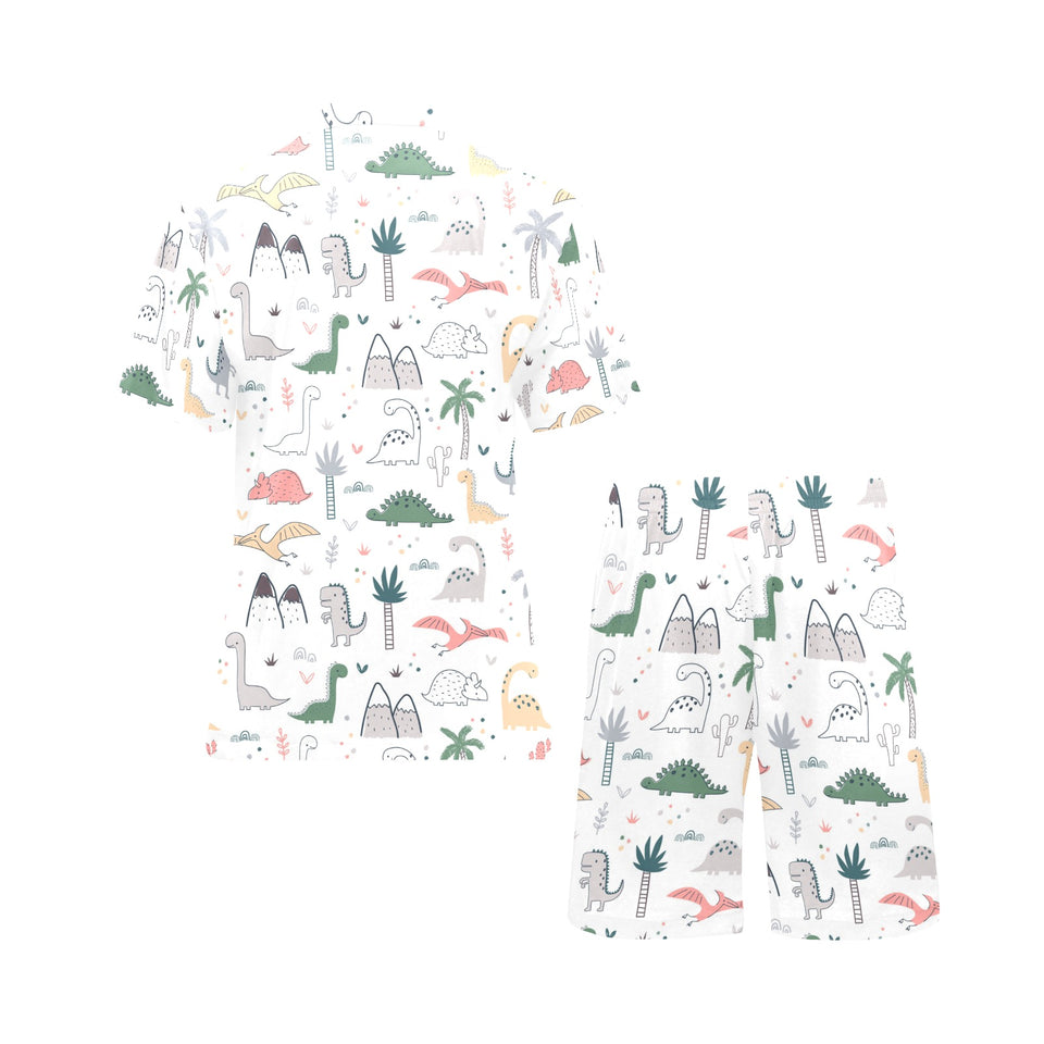 Cute cartoon dinosaurs tree pattern Men's V-Neck Short Pajama Set