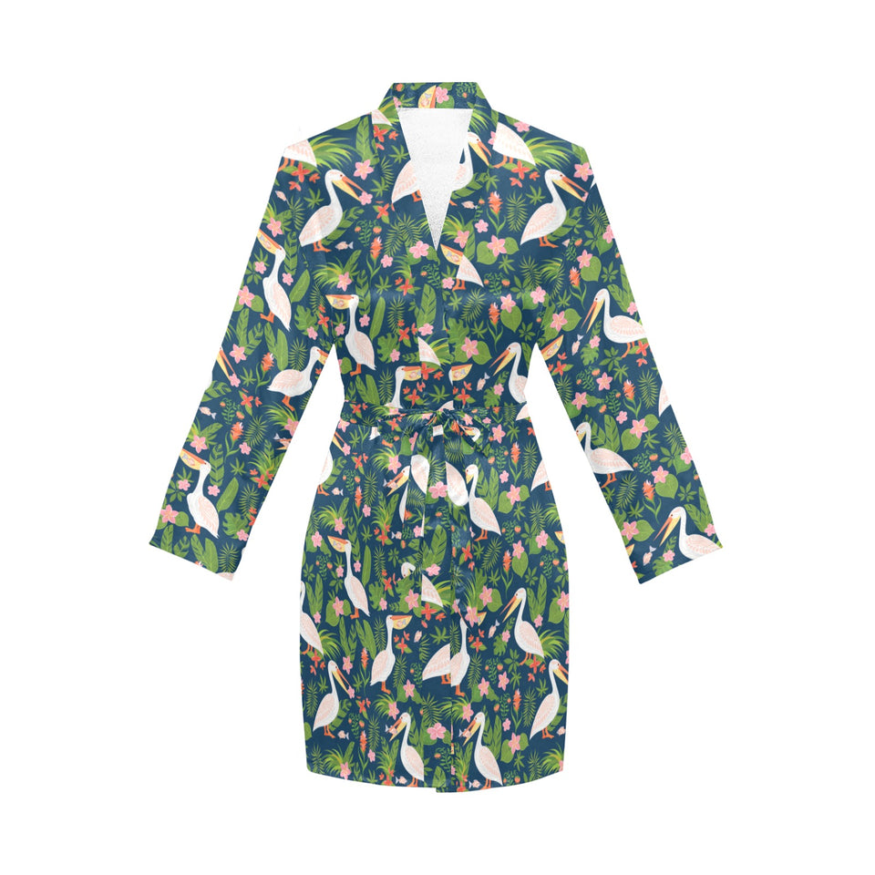 Pelican Pattern Print Design 05 Women's Long Sleeve Belted Night Robe