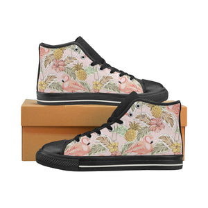 Pink flamingo birds pineapples hibiscus flower pat Women's High Top Canvas Shoes Black