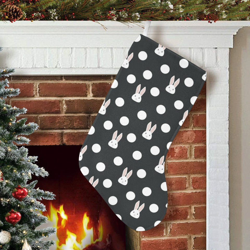 Cute white rabbit polka dots black background Christmas Stocking
