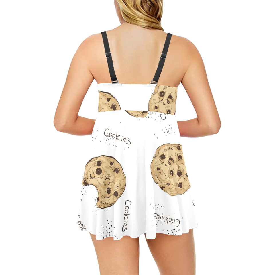 Sketch style cookie pattern Chest Sexy Pleated Two Piece Swim Dress