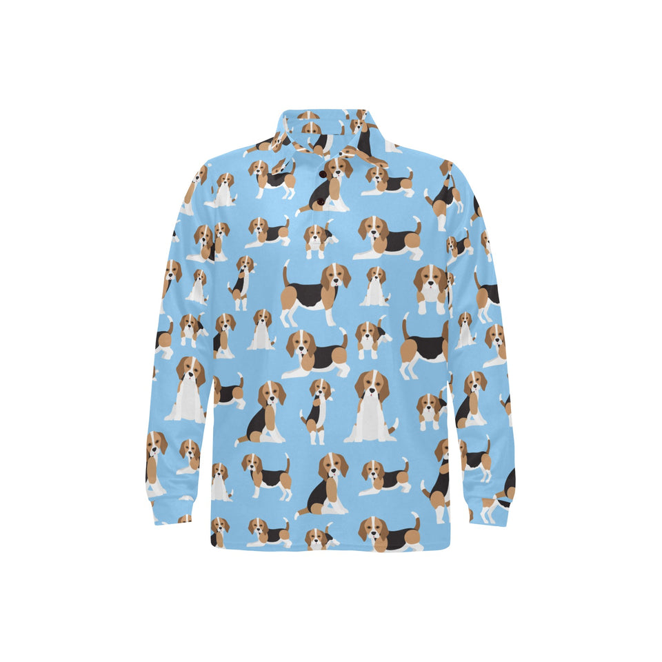 Beagle dog blue background pattern Men's Long Sleeve Polo Shirt