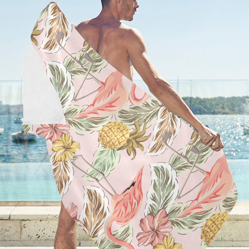 Pink flamingo birds pineapples hibiscus flower pat Beach Towel