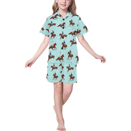 Horses running horses rider pattern Kids' Boys' Girls' V-Neck Short Pajama Set