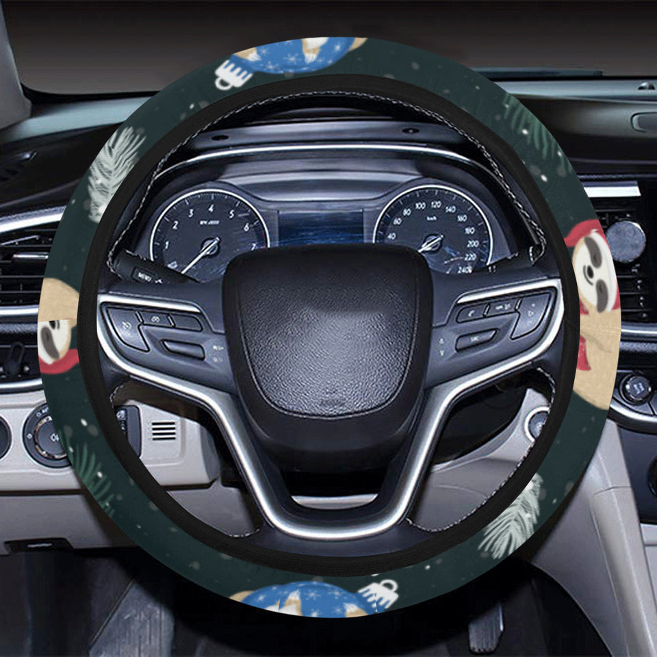Cute sloths sleeping christmas ball santa hat patt Car Steering Wheel Cover