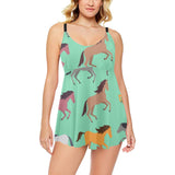 Colorful horses pattern Chest Sexy Pleated Two Piece Swim Dress