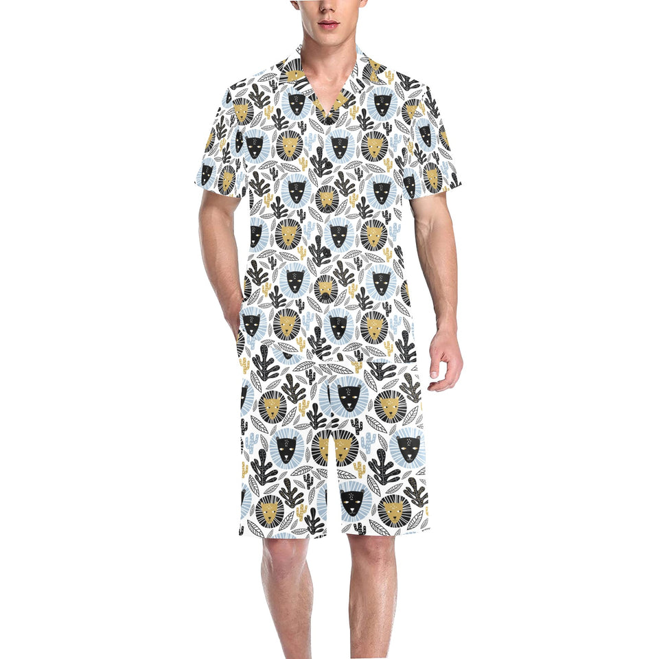 Lion Pattern Print Design 05 Men's V-Neck Short Pajama Set