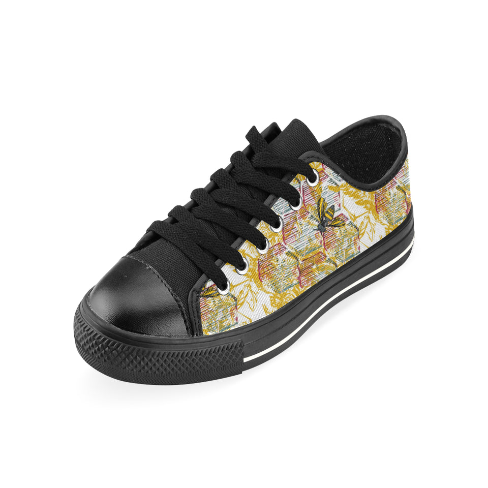 Cool Bee honeycomb leaves pattern Men's Low Top Canvas Shoes Black