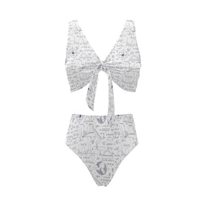 Math Pattern Print Design 03 Chest Bowknot High Waisted Bikini Swimsuit