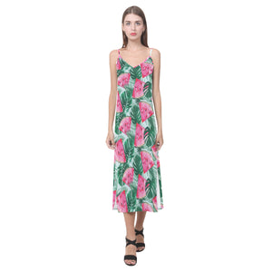 Watermelons tropical palm leaves pattern V-Neck Open Fork Long Dress