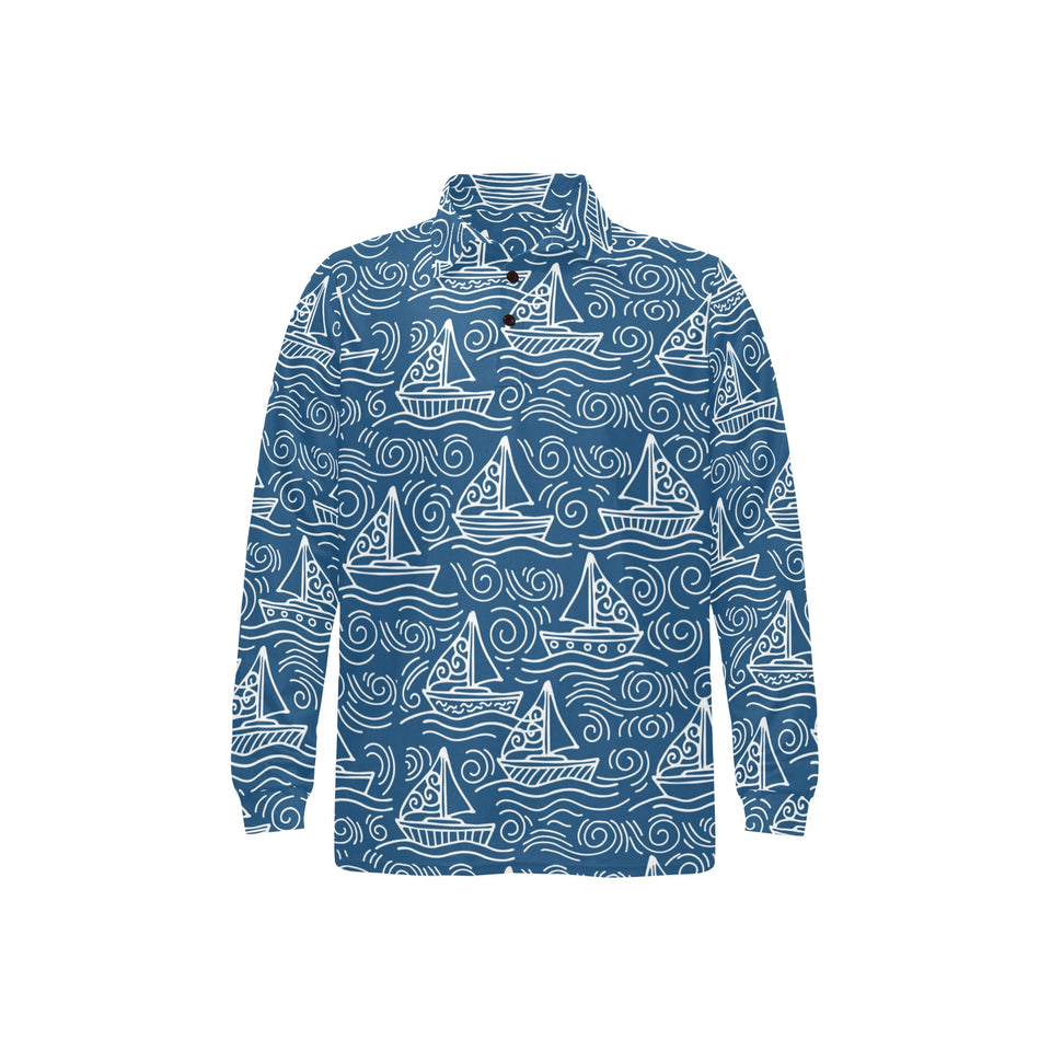 Hand drawn sailboat pattern Men's Long Sleeve Polo Shirt