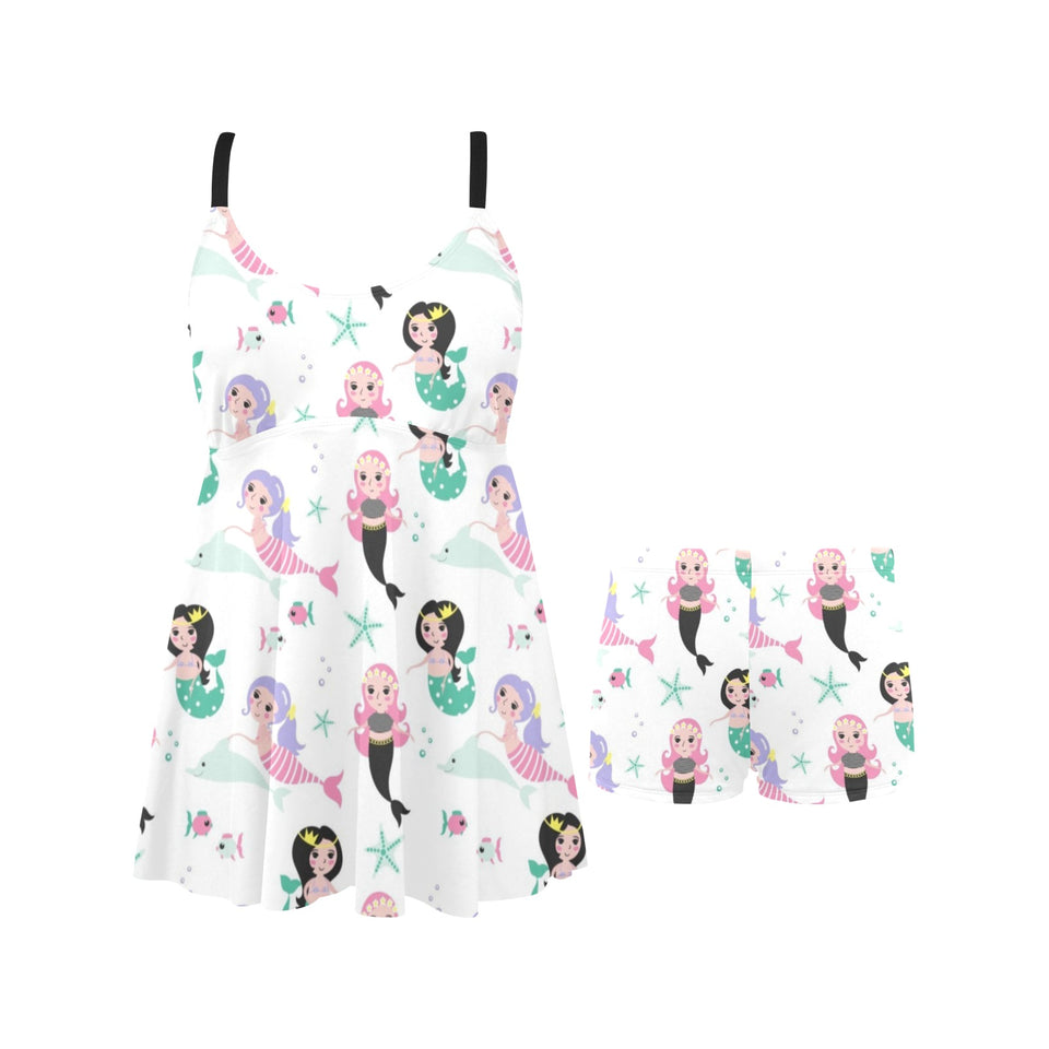 cute mermaid dolphin fish starfish pattern Chest Sexy Pleated Two Piece Swim Dress