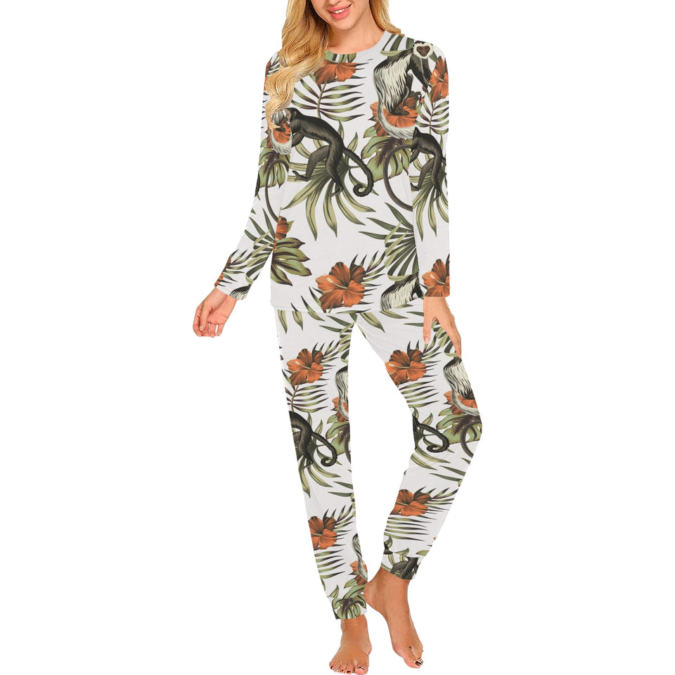Monkey red hibiscus flower palm leaves floral patt Women's All Over Print Pajama Set