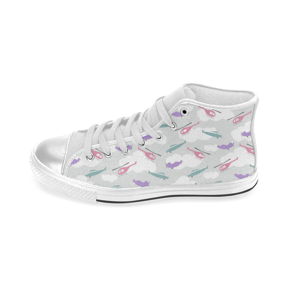 Helicopter plane pattern Women's High Top Canvas Shoes White