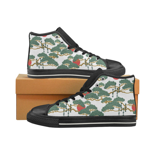 Bonsai red sun japanese pattern Men's High Top Canvas Shoes Black