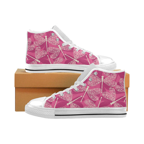 Beautiful dragonfly pink background Men's High Top Canvas Shoes White