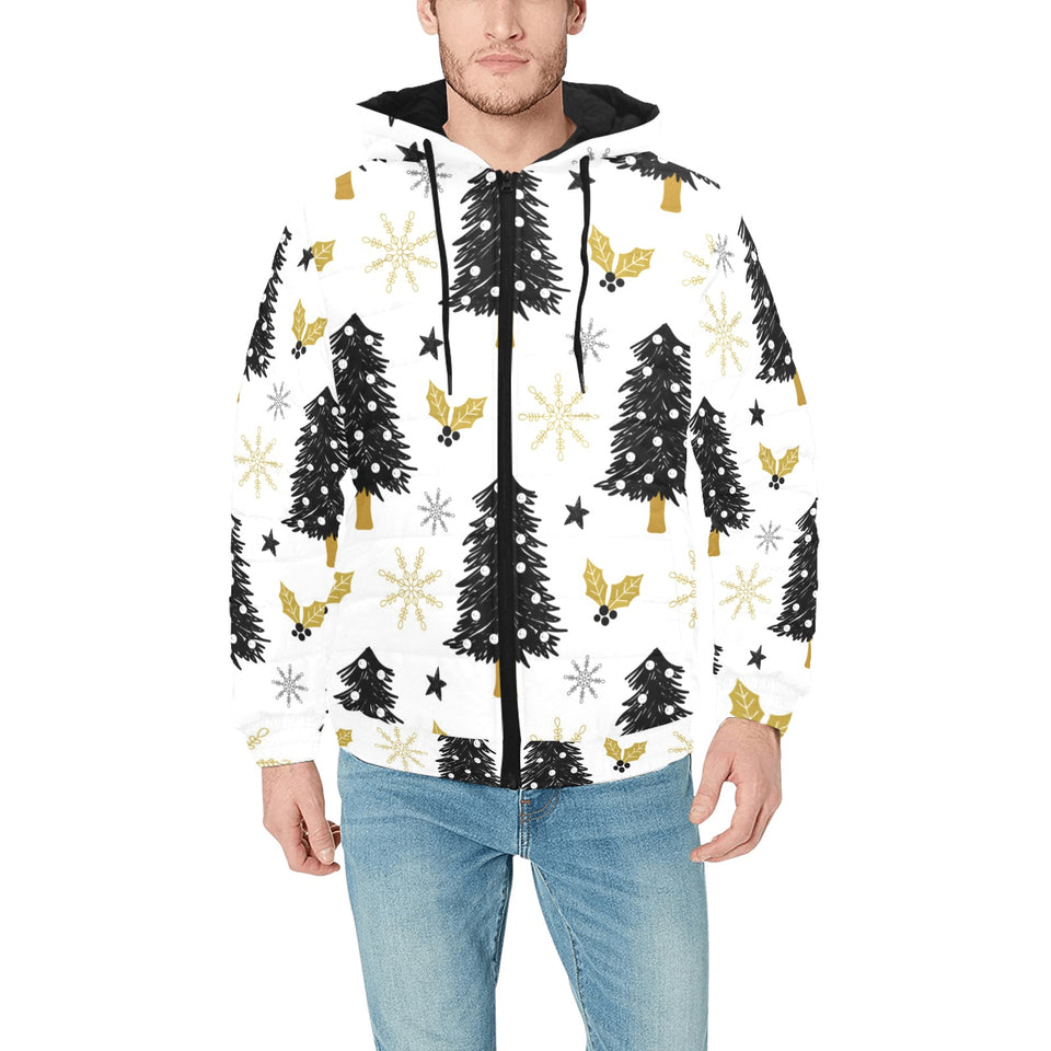 Christmas tree holly snow star pattern Men's Padded Hooded Jacket