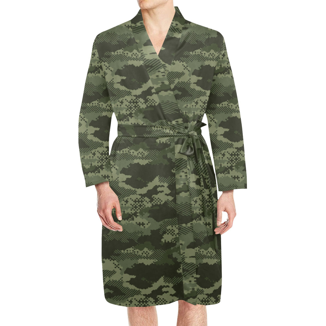 Digital Green camouflage pattern Men's Long Sleeve Belted Night Robe