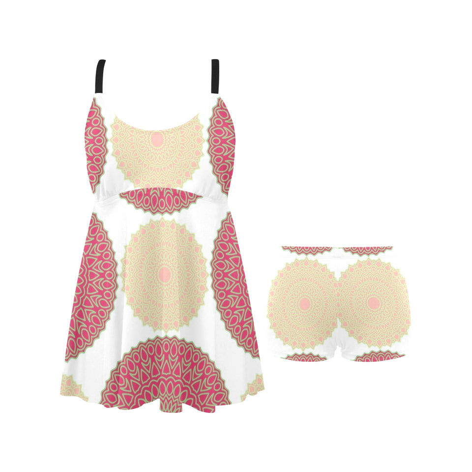 Circle indian pattern Chest Sexy Pleated Two Piece Swim Dress