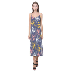 Fancy Carp pattern V-Neck Open Fork Long Dress