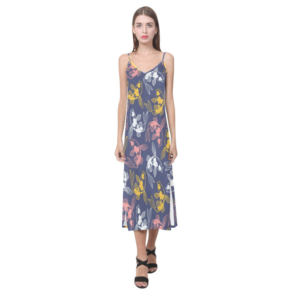 Fancy Carp pattern V-Neck Open Fork Long Dress