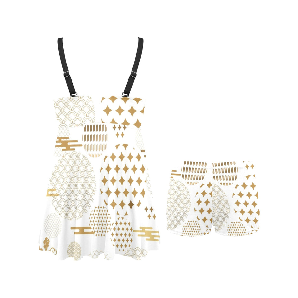 Beautiful gold japanese pattern Chest Sexy Pleated Two Piece Swim Dress