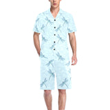 Dragonfly pattern blue background Men's V-Neck Short Pajama Set