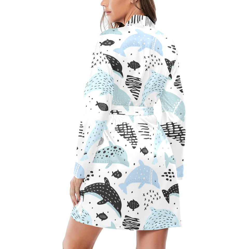 Cute dolphins Childish Style pattern Women's Long Sleeve Belted Night Robe