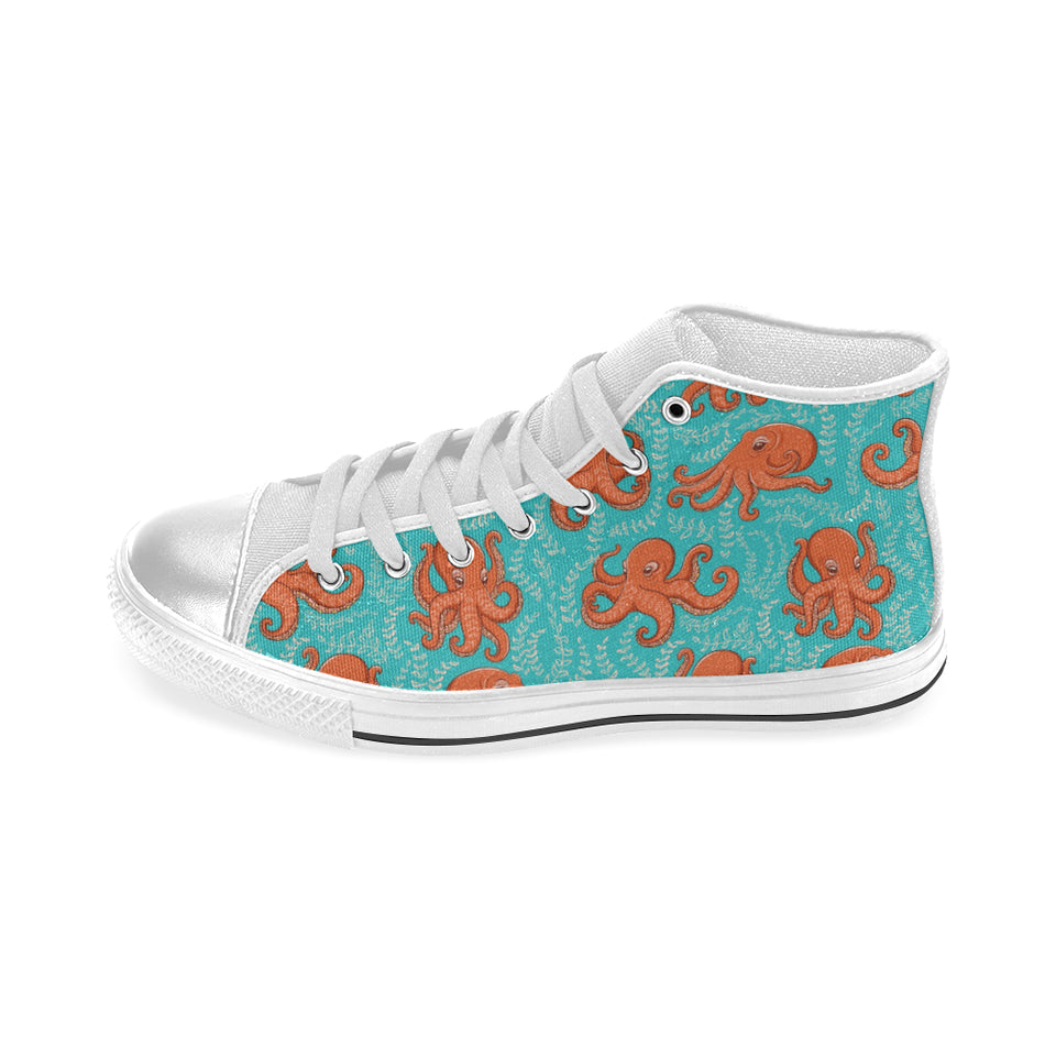 Octopus turquoise background Women's High Top Canvas Shoes White