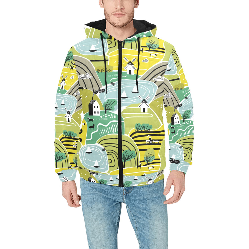 Hand drawn windmill pattern Men's Padded Hooded Jacket