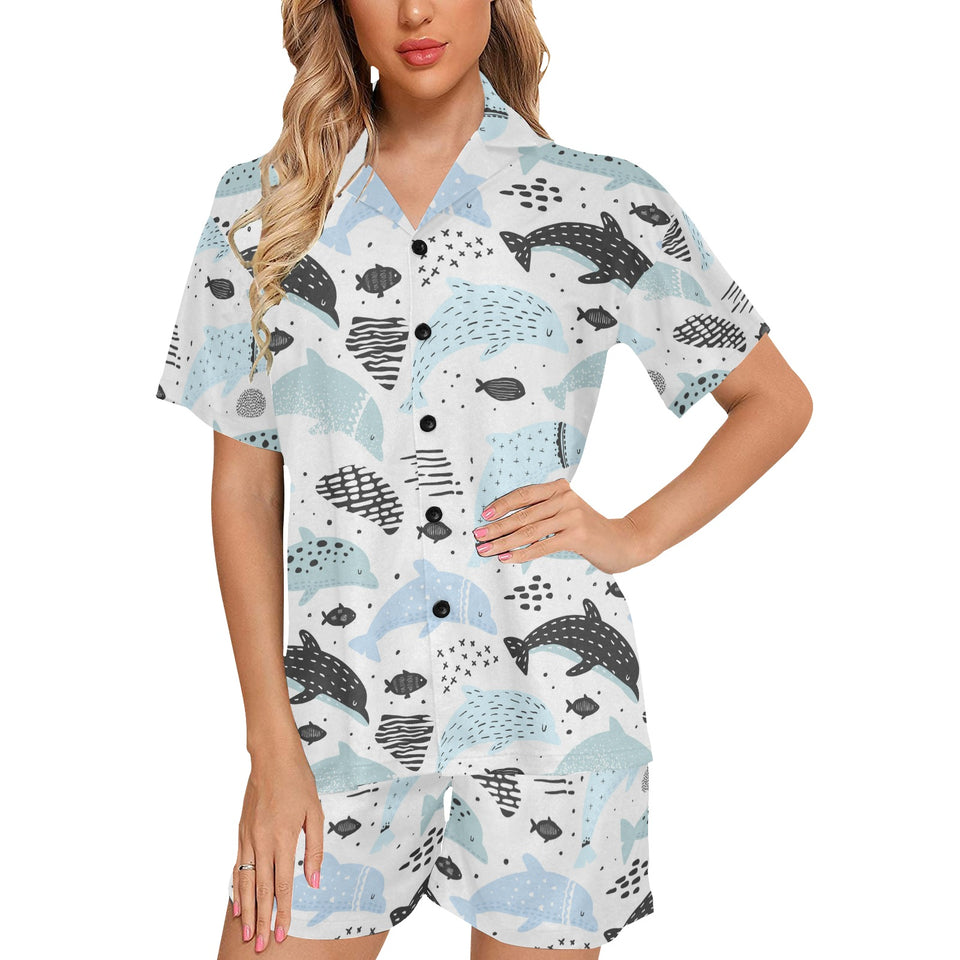 Cute dolphins Childish Style pattern Women's V-Neck Short Pajama Set