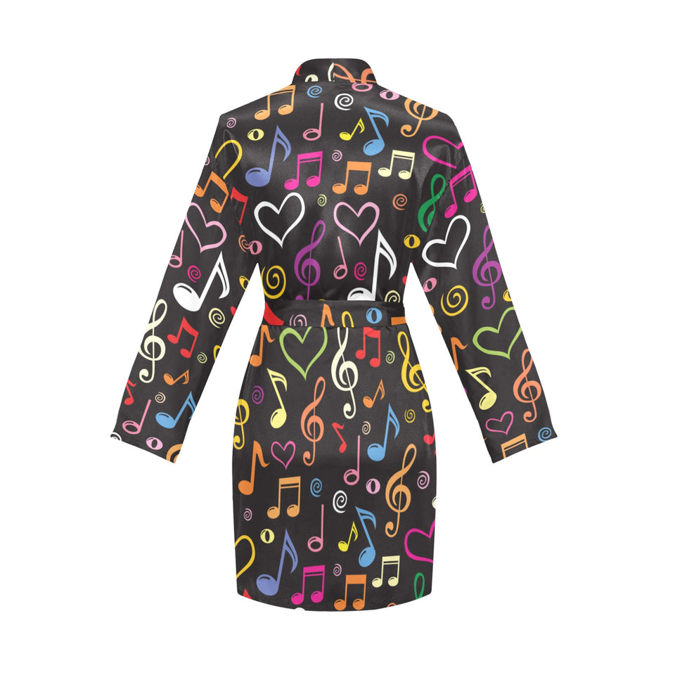 Music Notes Pattern Print Design 02 Women's Long Sleeve Belted Night Robe