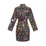 Music Notes Pattern Print Design 02 Women's Long Sleeve Belted Night Robe