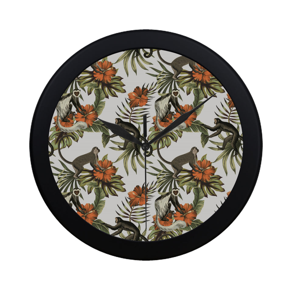 Monkey red hibiscus flower palm leaves floral patt Elegant Black Wall Clock