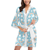 Cute rainbow clound star pattern blue background Women's Short Kimono Robe