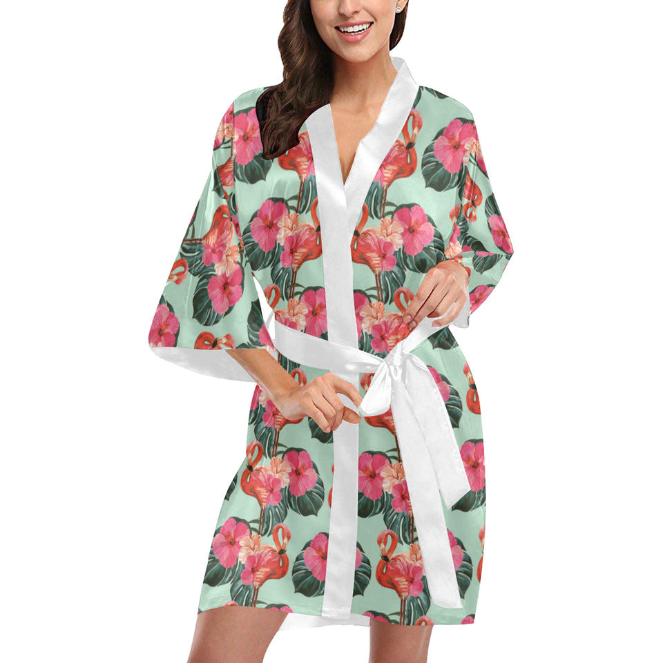 Beautiful flamingo tropical palm leaves hibiscus p Women's Short Kimono Robe