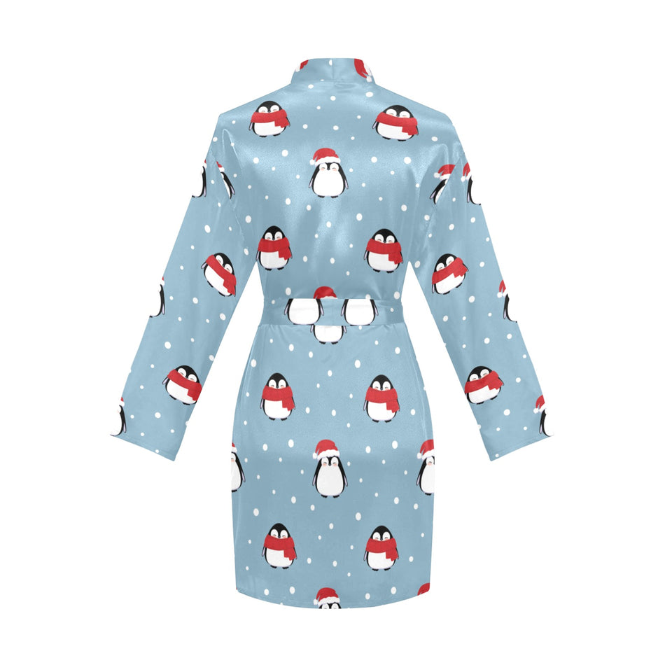 Cute penguin christmas snow pattern Women's Long Sleeve Belted Night Robe