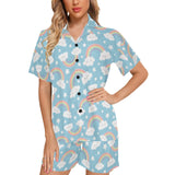 Cute rainbow clound star pattern blue background Women's V-Neck Short Pajama Set