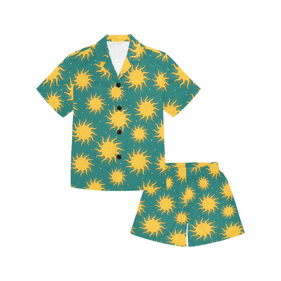 Sun green background Kids' Boys' Girls' V-Neck Short Pajama Set