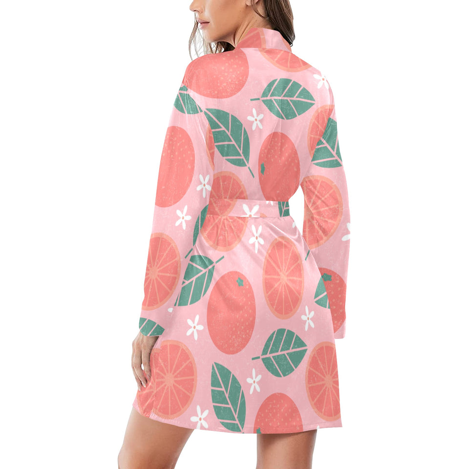 Grapefruit leaves flower pink background Women's Long Sleeve Belted Night Robe